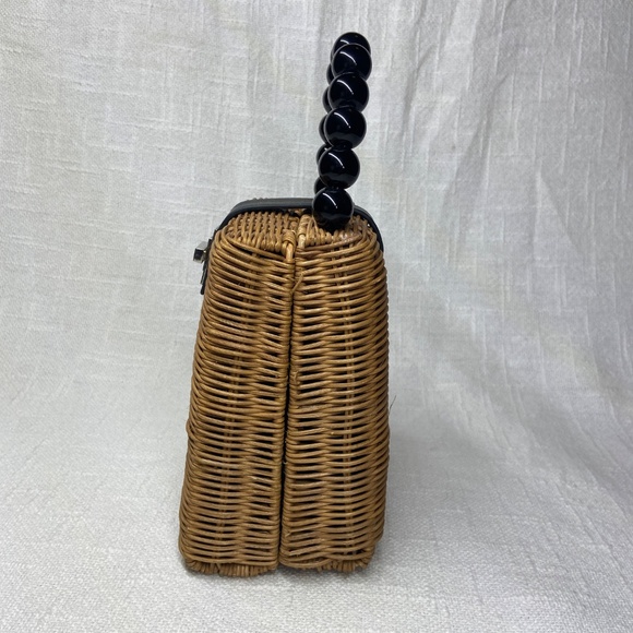 Small Straw Rattan Wicker Bag with Black Bead Handle & Twist Clasp Closure - Picture 6 of 13